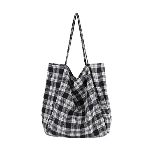 Plaid Canvas Tote Bag with Large Capacity and Casual Design